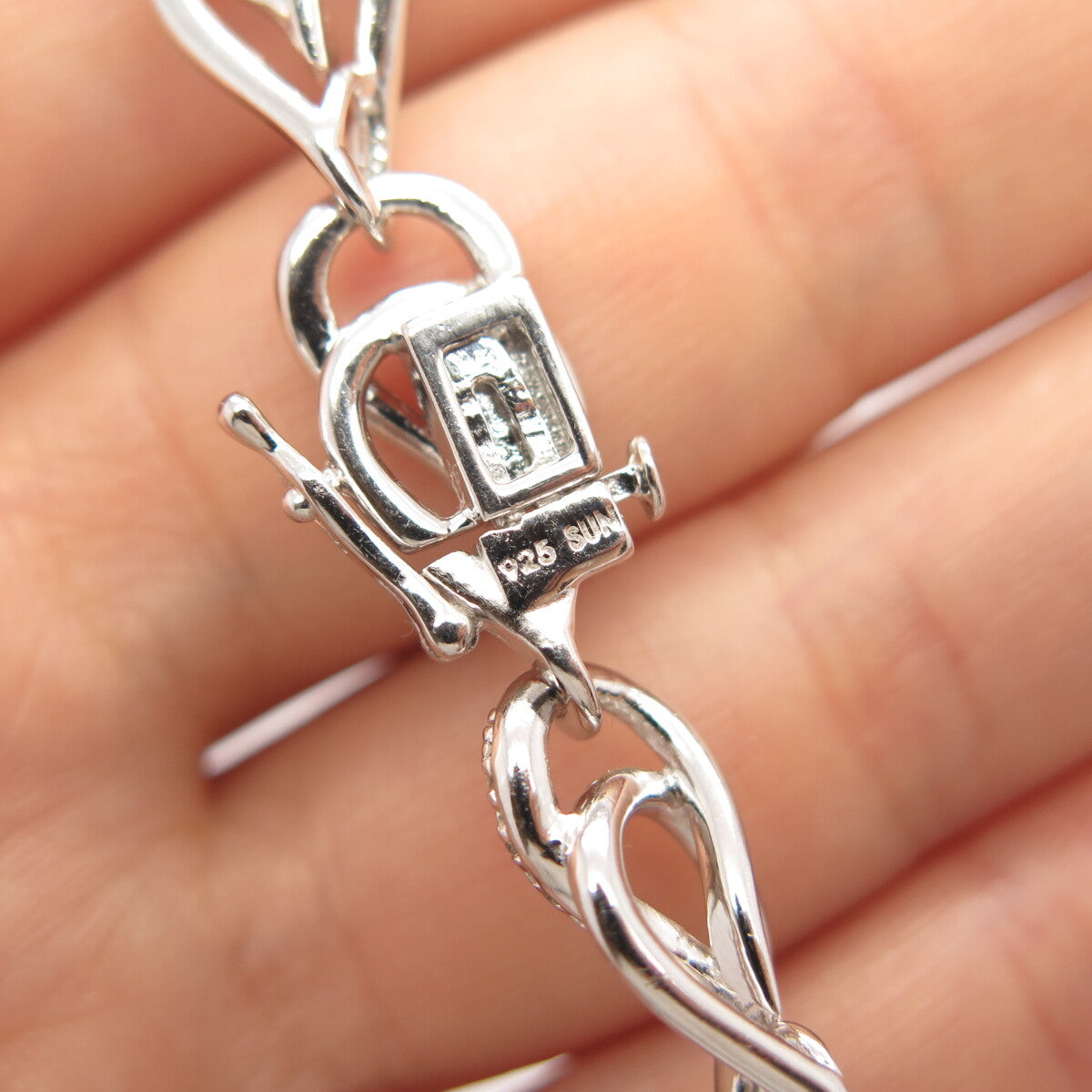 925 Sterling Silver SUN Real White Diamond Double Pear Link Bracelet 7"