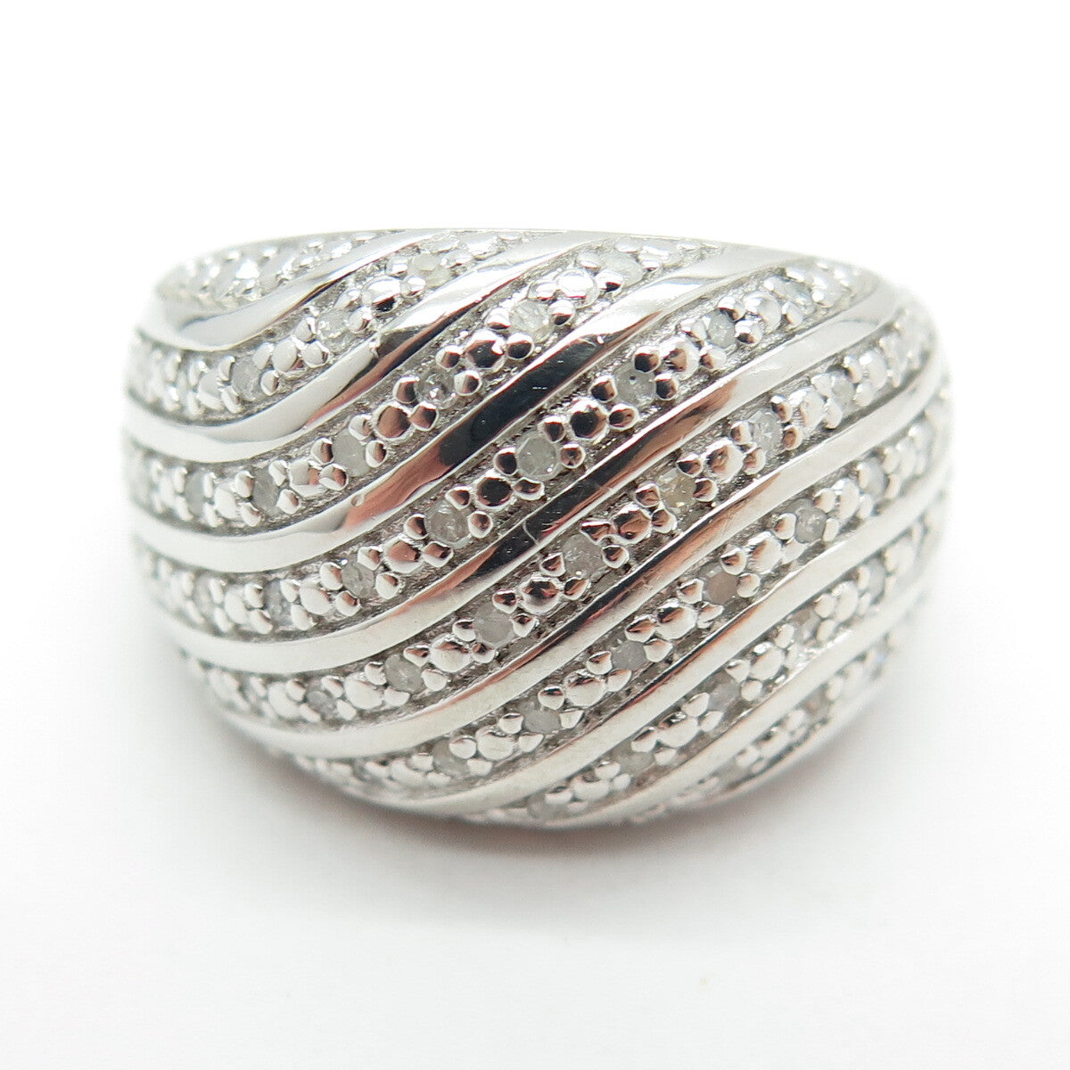 925 Sterling Silver Real Round-Cut Diamond Wavy Dome Ring Size 8