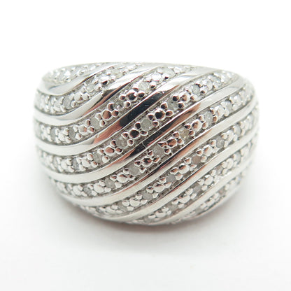 925 Sterling Silver Real Round-Cut Diamond Wavy Dome Ring Size 8