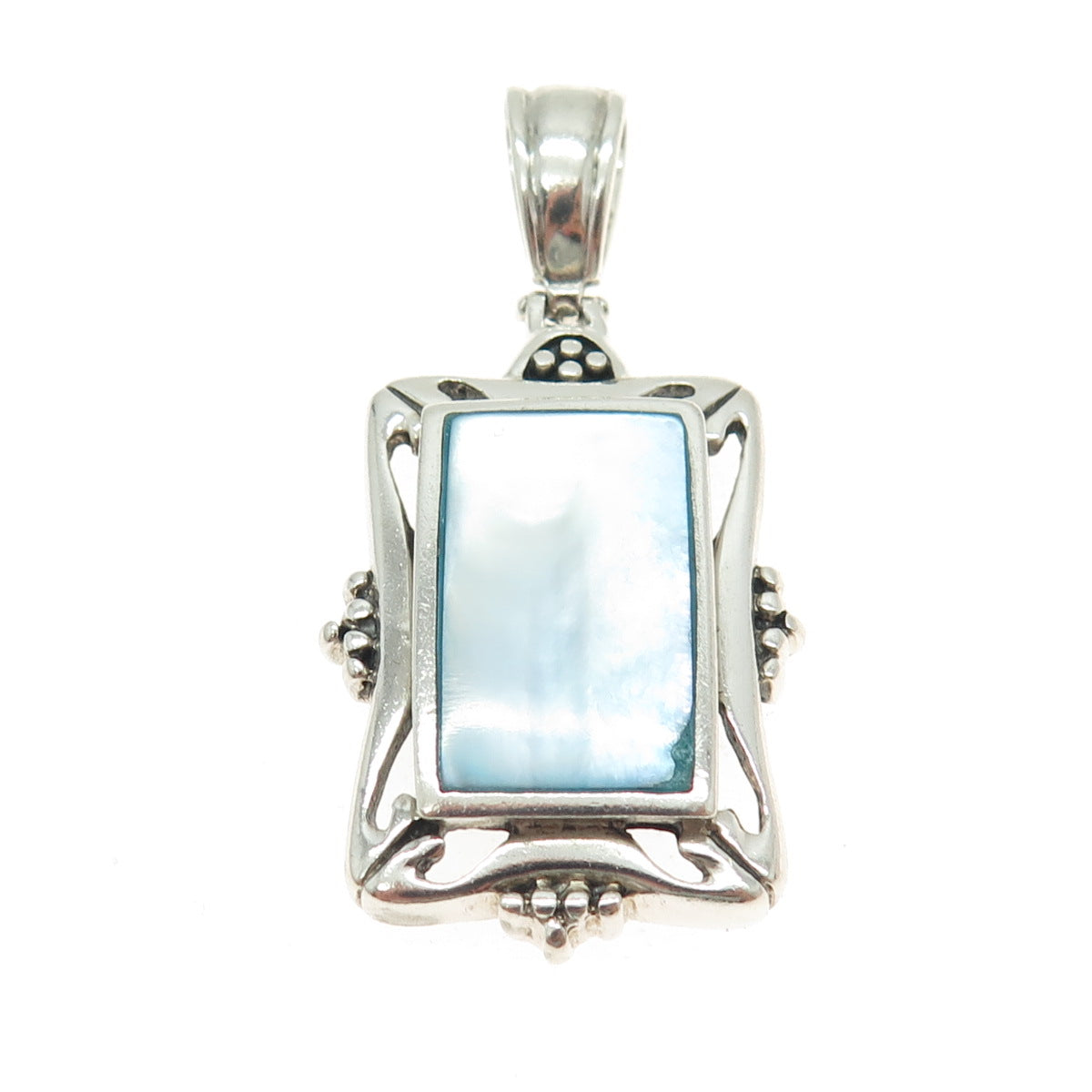 925 Sterling Silver Vintage Real Blue Mother-of-Pearl Granulated Pendant