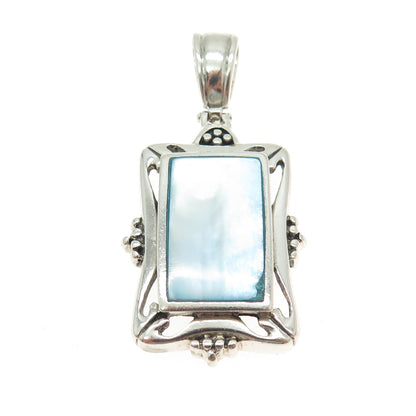 925 Sterling Silver Vintage Real Blue Mother-of-Pearl Granulated Pendant