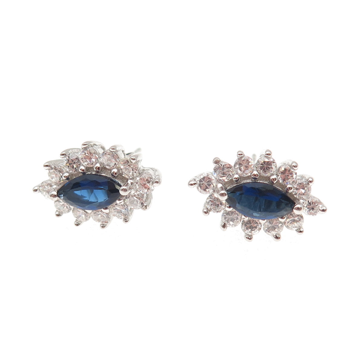 925 Sterling Silver Marquise-Cut Blue & Round-Cut White C Z Stud Earrings