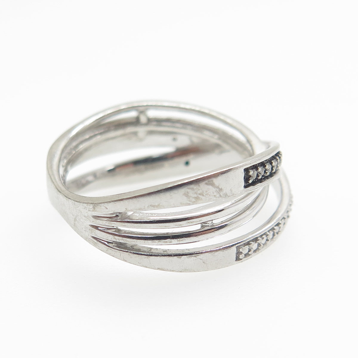 925 Sterling Silver Real Round-Cut Black & White Diamond Crisscross Ring Size 7