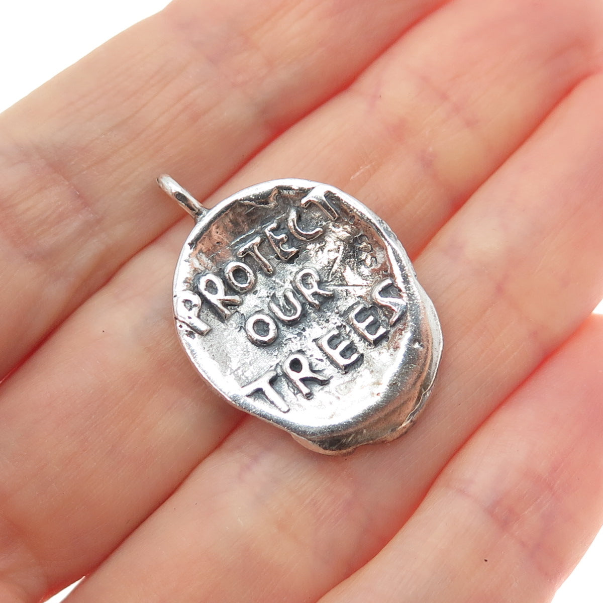 925 Sterling Silver Vintage Protect Our Trees Oxidized Charm Pendant