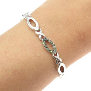 925 Sterling Silver Real Round-Cut Green Diamond Hugs & Kisses Link Bracelet 7"