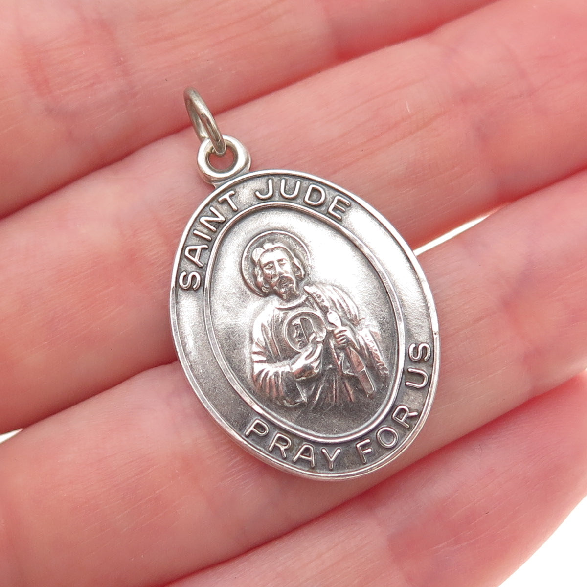 925 Sterling Silver Antique Art Deco Saint Jude Religious Oxidized Charm Pendant