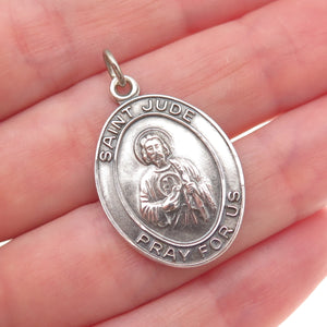 925 Sterling Silver Antique Art Deco Saint Jude Religious Oxidized Charm Pendant