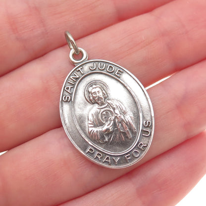 925 Sterling Silver Antique Art Deco Saint Jude Religious Oxidized Charm Pendant