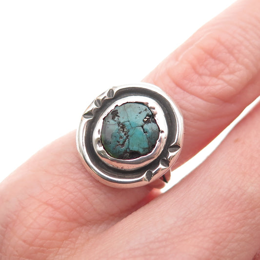 Old Pawn Sterling Silver Vintage Southwestern Turquoise Tribal Ring Size 3.75