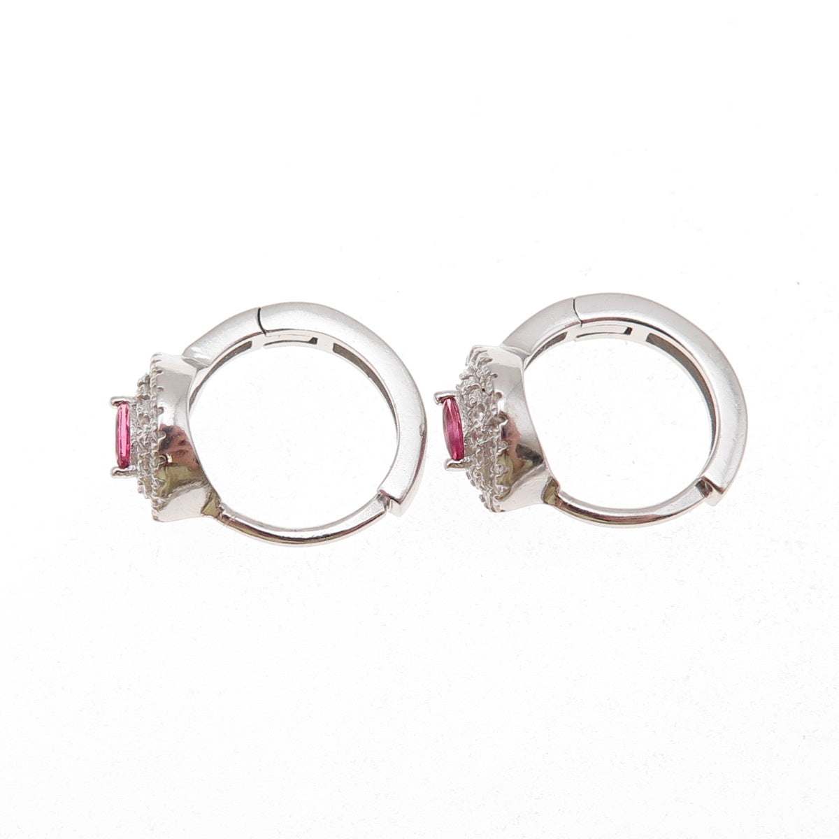 925 Sterling Silver Pink & White C Z Hoop Earrings