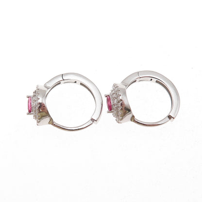 925 Sterling Silver Pink & White C Z Hoop Earrings