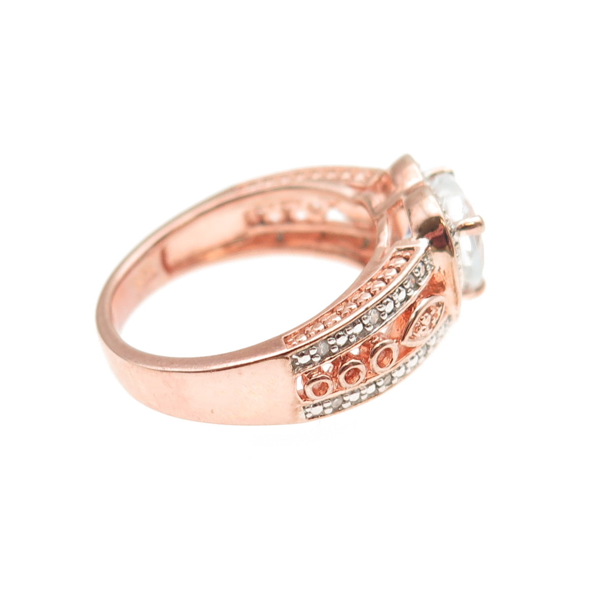 925 Sterling Silver Rose Gold Plated Diamond & Blue Topaz Heart Ring Size 7.25