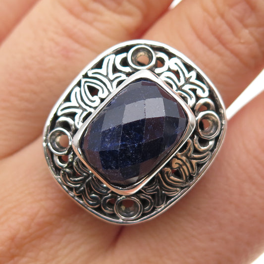 925 Sterling Silver Vintage Real Sapphire Ornate Heart Oxidized Ring Size 8.25