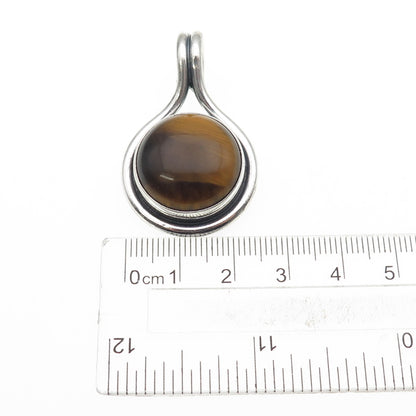 925 Sterling Silver Vintage Mexico Real Tiger Eye Modernist Oxidized Pendant