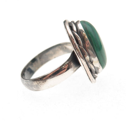 925 Sterling Silver Vintage Real Malachite Modernist Oxidized Ring Size 7.75
