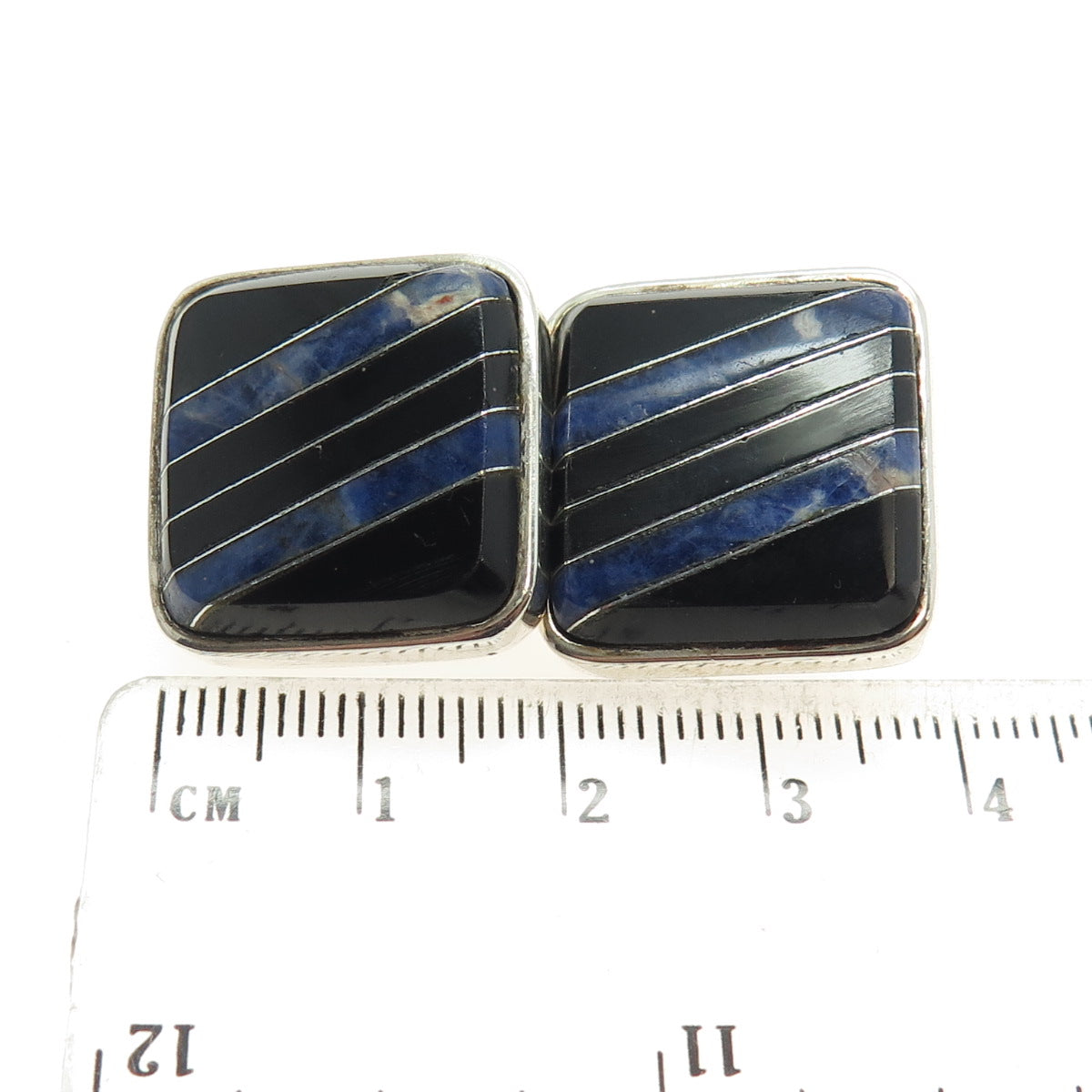 925 Sterling Silver Vintage Mexico Real Sodalite & Black Onyx Clip On Earrings