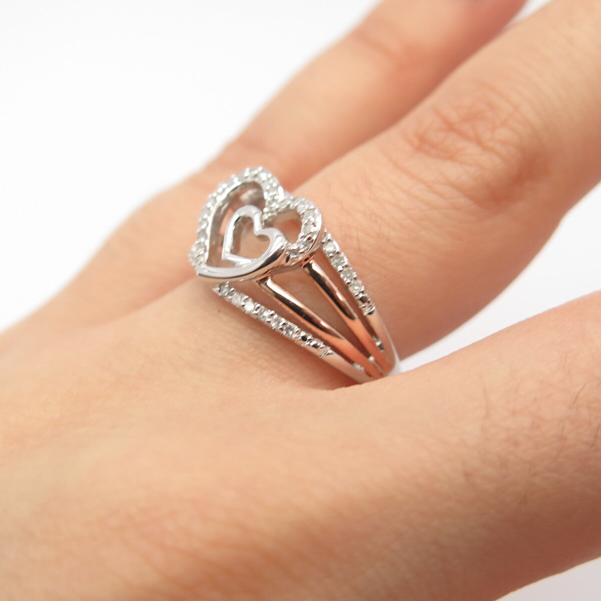 925 Sterling Silver 2-Tone SUN Real White Diamond Double Heart Ring Size 7