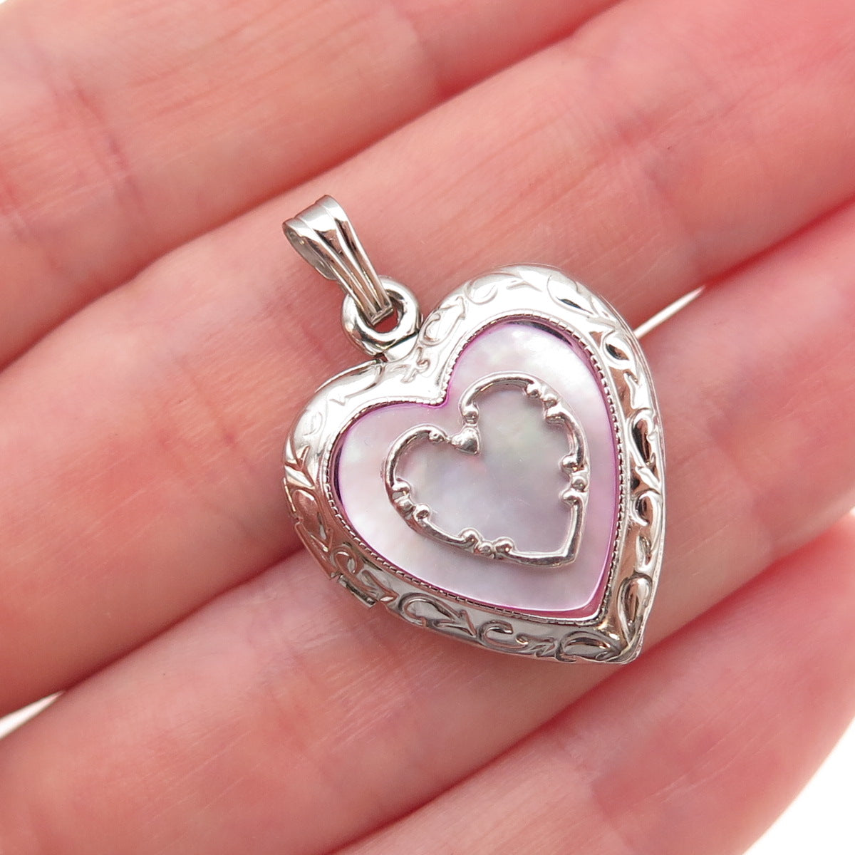 Tru-Kay 925 Sterling Silver Vintage Real MOP Heart Locket Charm Pendant