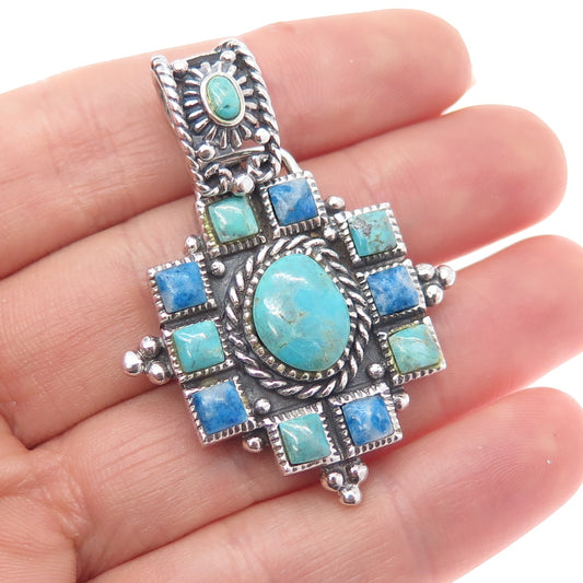 925 Sterling Silver Vintage Real Turquoise & Denim Lapis Cross Charm Pendant