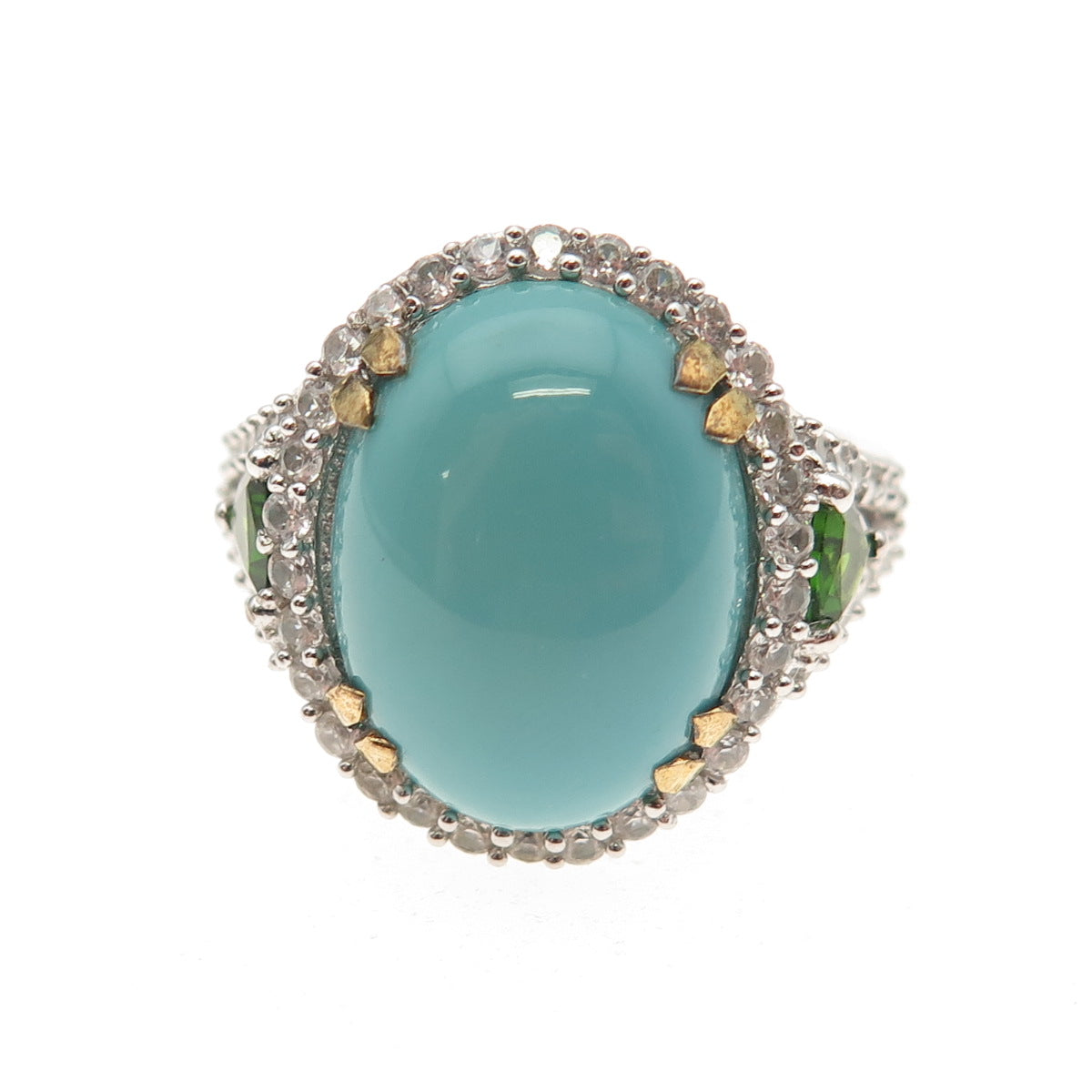 925 Sterling Silver 2-Tone Real Turquoise White Topaz & Peridot Ring Size 8.25