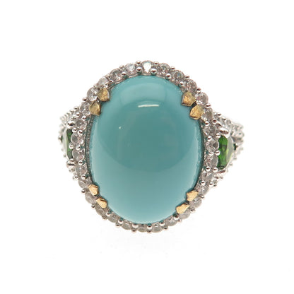 925 Sterling Silver 2-Tone Real Turquoise White Topaz & Peridot Ring Size 8.25