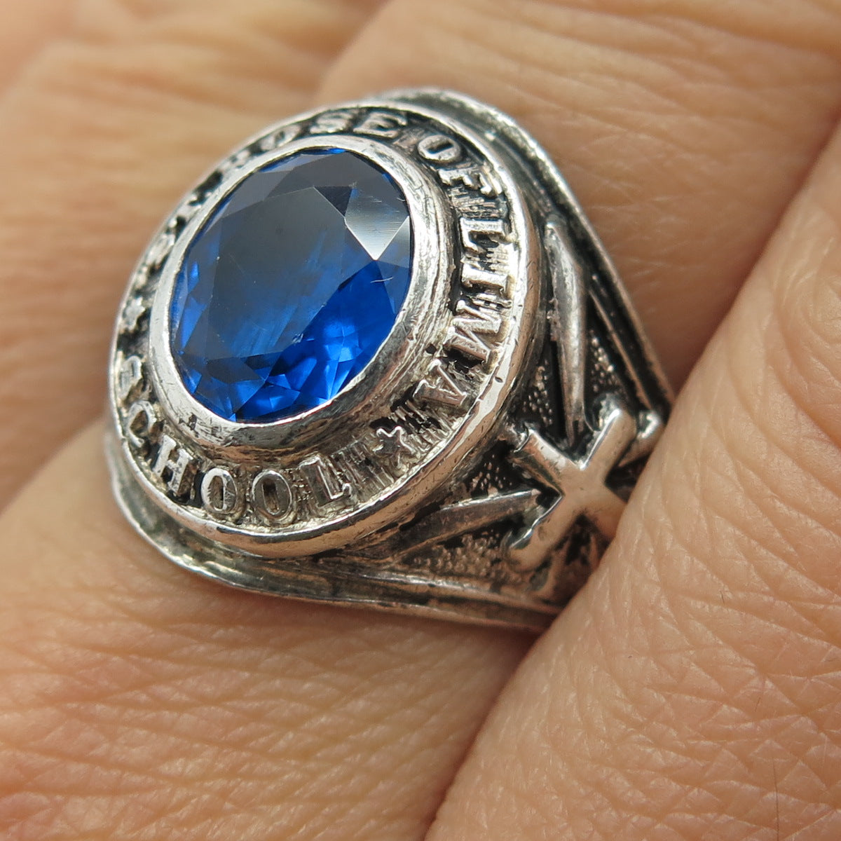 925 Sterling Vintage 1974 Lab-Created Sapphire St. Rose Of Lima School Ring 8.25