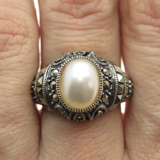 JUDITH JACK 925 Sterling Silver Vintage Faux Pearl & Real Marcasite Ring Size 7