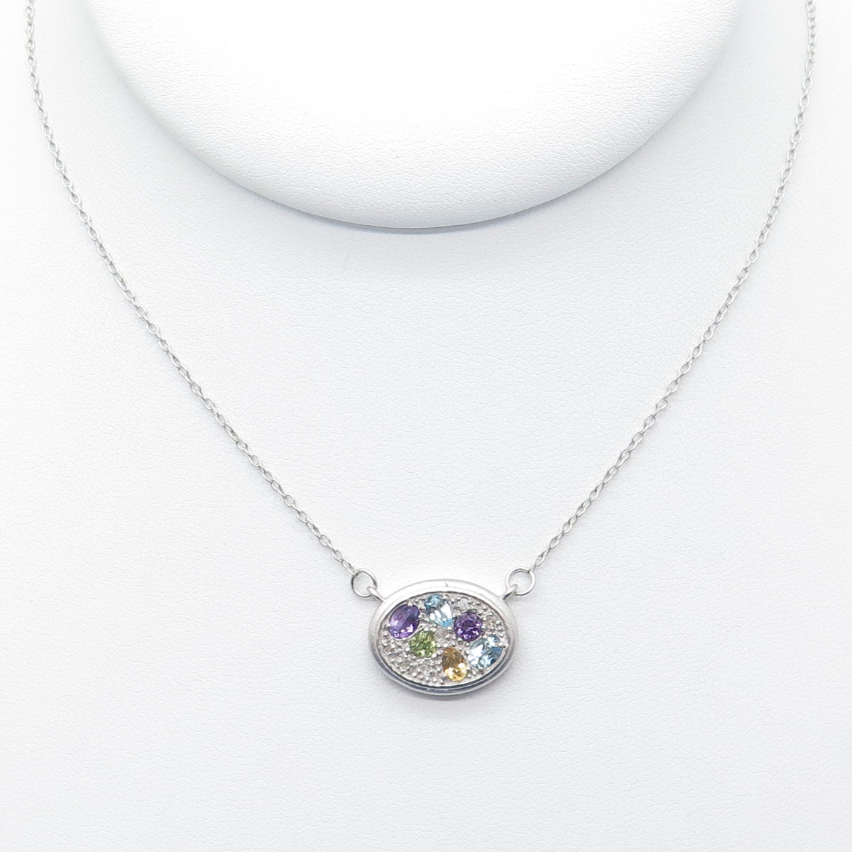 925 Sterling Silver Diamond Topaz Peridot Citrine & Amethyst Chain Necklace 18"