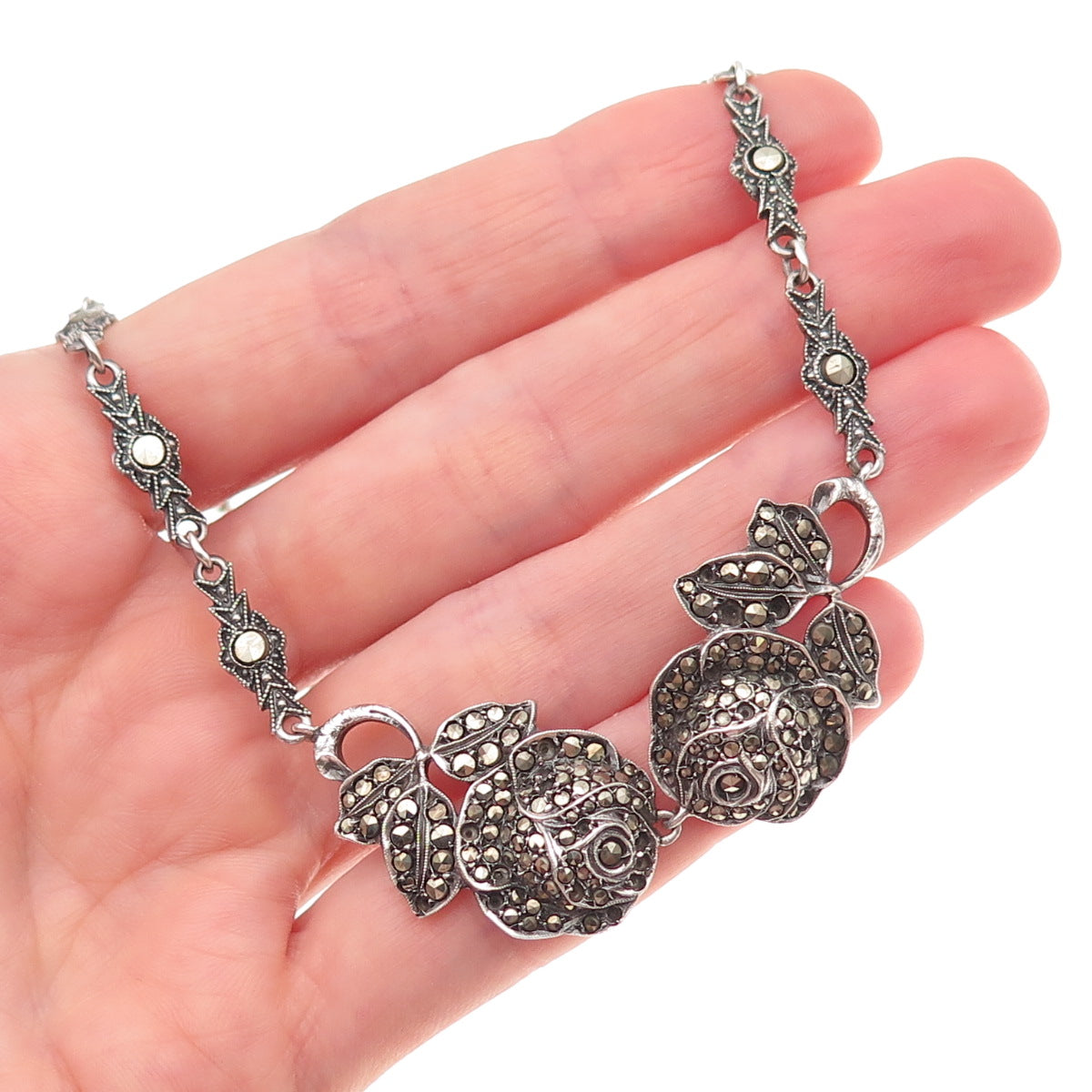 925 Sterling Antique Germany Marcasite Rose Necklace 16" (missing 19 stones)