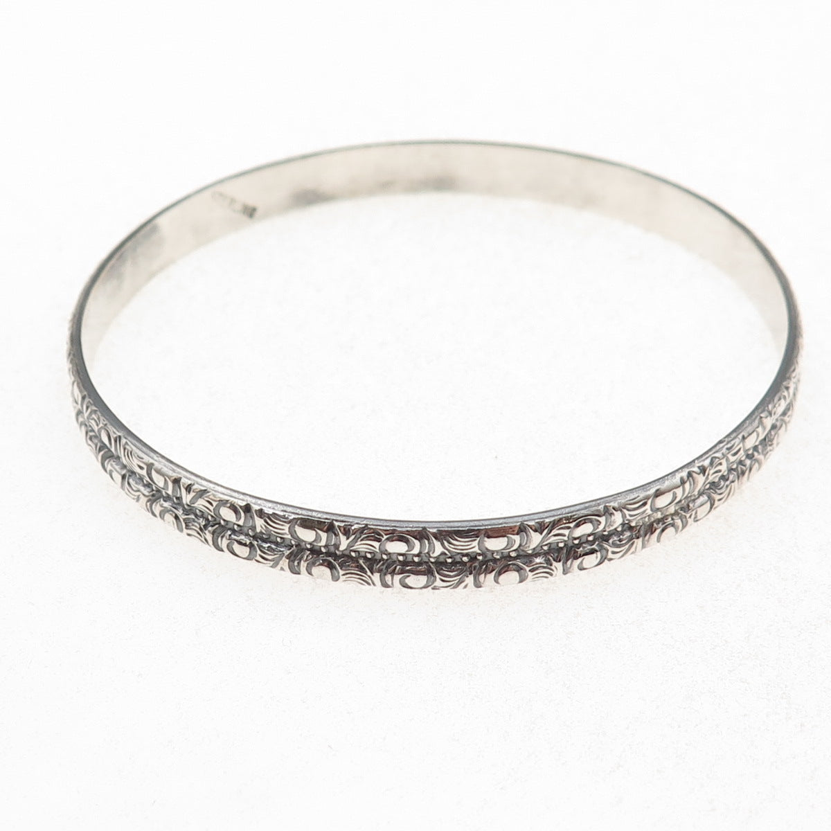 925 Sterling Silver Antique Art Deco Floral Scroll Bangle Bracelet 8.25"