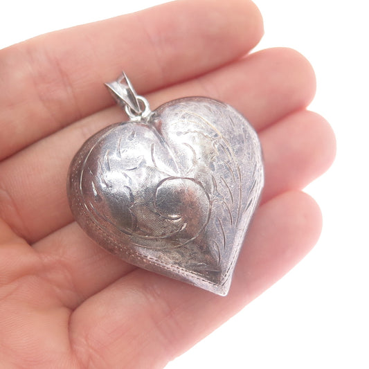 925 Sterling Silver Vintage Engraved Puffy Heart Oxidized Charm Pendant