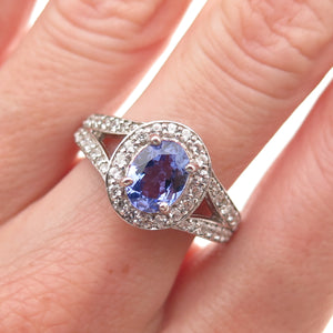 925 Sterling Silver Real Oval-Cut Tanzanite & Round-Cut White Topaz Ring Size 8