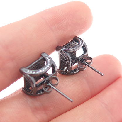 925 Sterling Silver Black Rhodium Round-Cut C Z Arch Square Stud Earrings