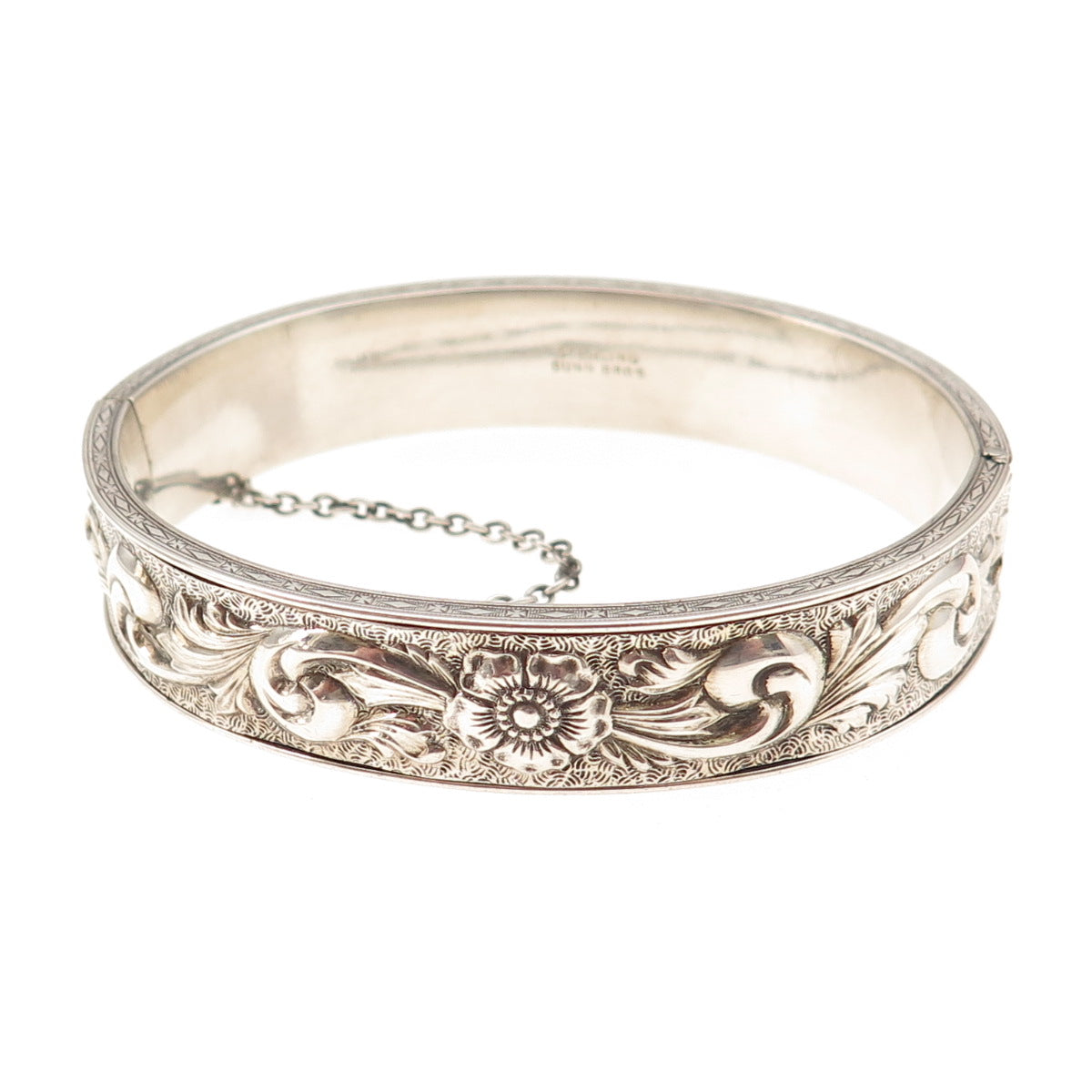 Dunn Bros Sterling Silver Antique Art Deco Floral Repousse Bangle Bracelet 7"