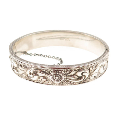 Dunn Bros Sterling Silver Antique Art Deco Floral Repousse Bangle Bracelet 7"