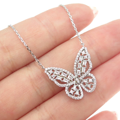 925 Sterling Silver Tapered Baguette & Round-Cut C Z Butterfly Necklace 16-18"