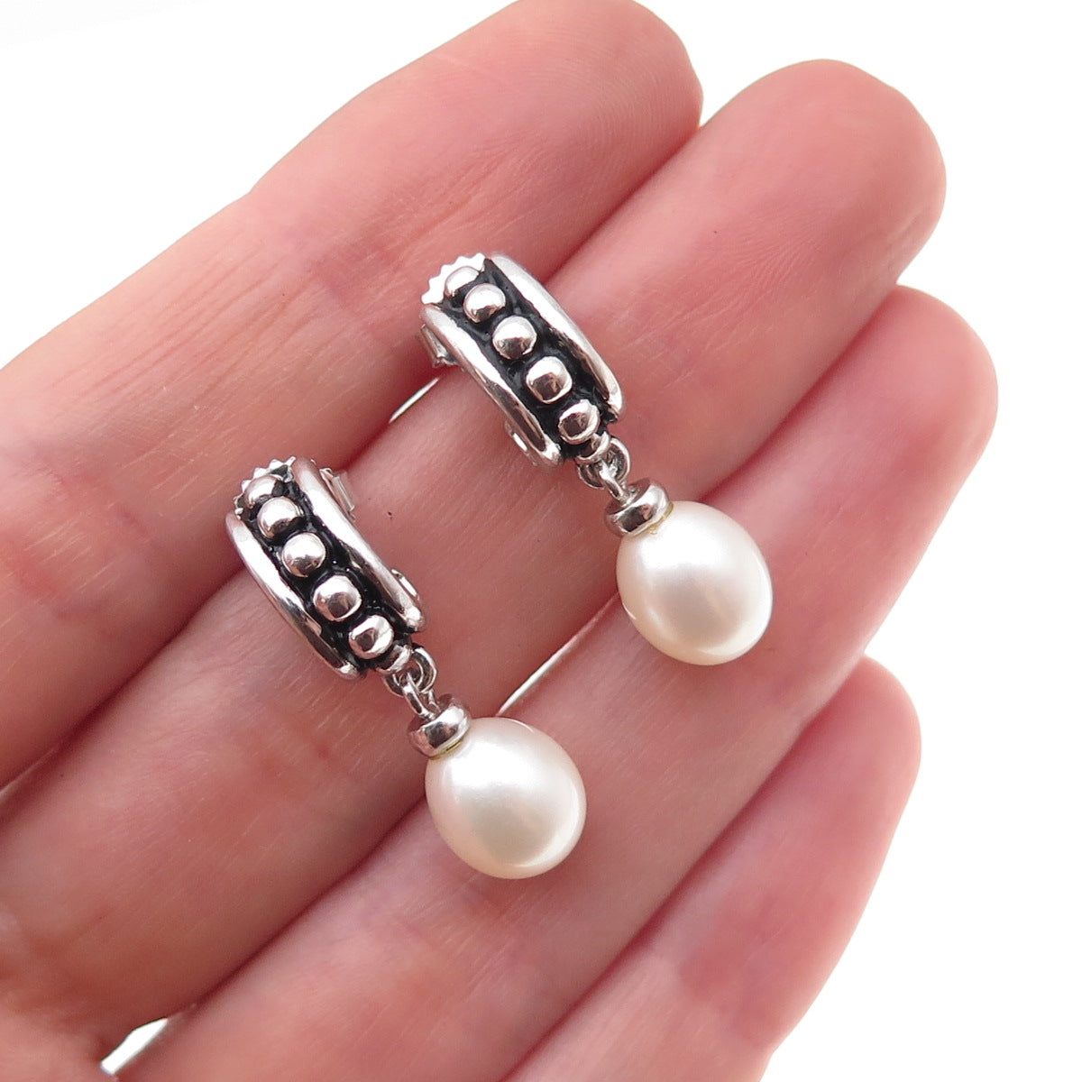 Honora 925 Sterling Silver Vintage Real Pearl Oxidized Dangle Earrings