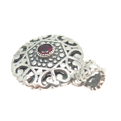 BERIA 925 Sterling Silver Round-Cut Red Rhinestone Ornate Pendant