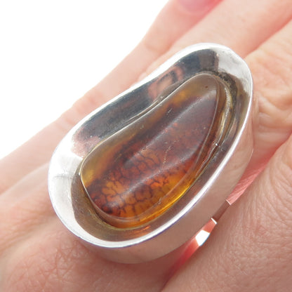 925 Sterling Silver Vintage Real Baltic Amber Modernist Domed Ring Size 8.25