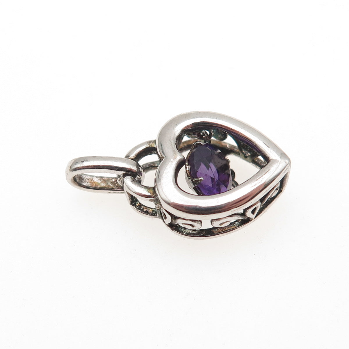 925 Sterling Silver Real Round-Cut Amethyst Heart Mini Charm Pendant