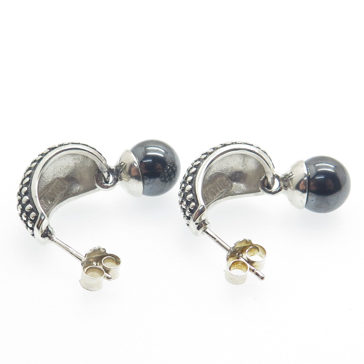 925 Sterling Silver Vintage Real Hematite Alligator Skin Oxidized Earrings
