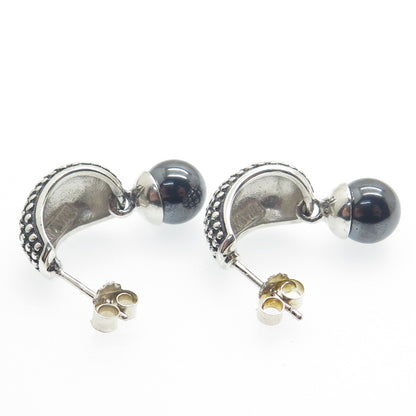 925 Sterling Silver Vintage Real Hematite Alligator Skin Oxidized Earrings