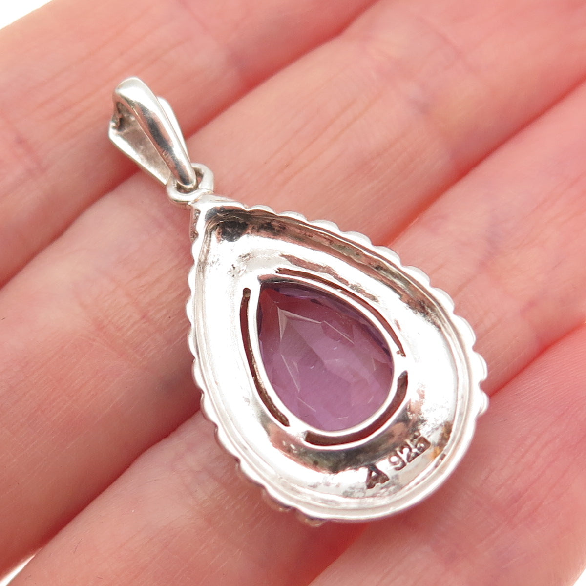 925 Sterling Silver Vintage Real Pear-Cut Amethyst Teardrop Charm Pendant
