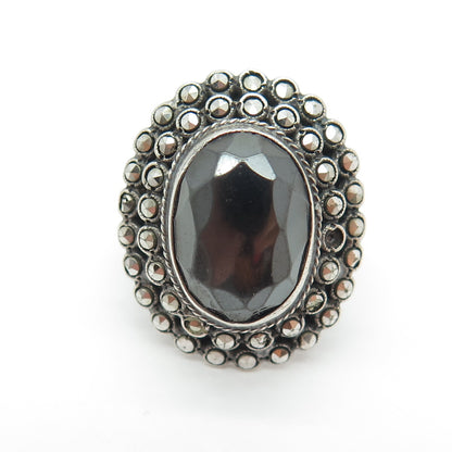 925 Sterling Silver Antique Hematite & Marcasite Ring Size 4 (missing 1 stone)