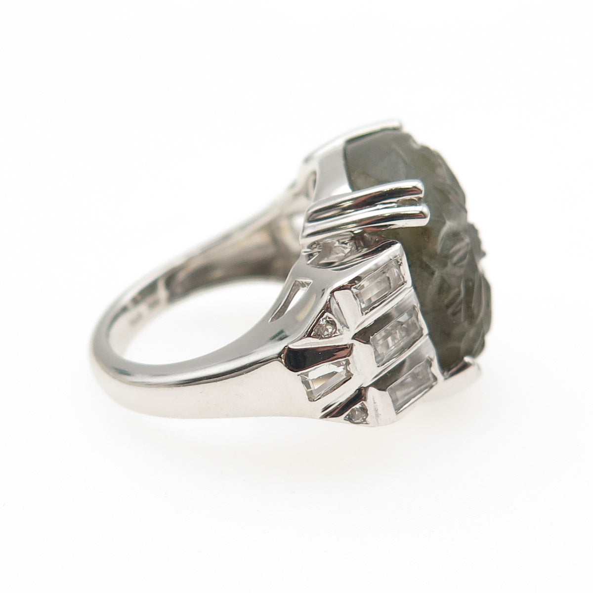 925 Sterling Silver Real Labradorite & White Topaz Carved Flower Ring Size 6.25