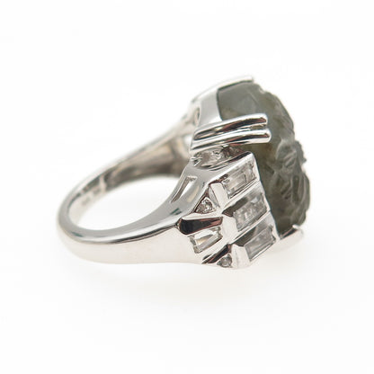 925 Sterling Silver Real Labradorite & White Topaz Carved Flower Ring Size 6.25