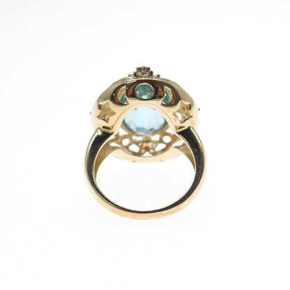 925 Sterling Silver Gold Plated Real Blue Topaz & C Z Ring Size 6.25