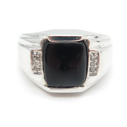 925 Sterling Silver Real Round-Cut Diamond & Black Onyx Ring Size 8.75