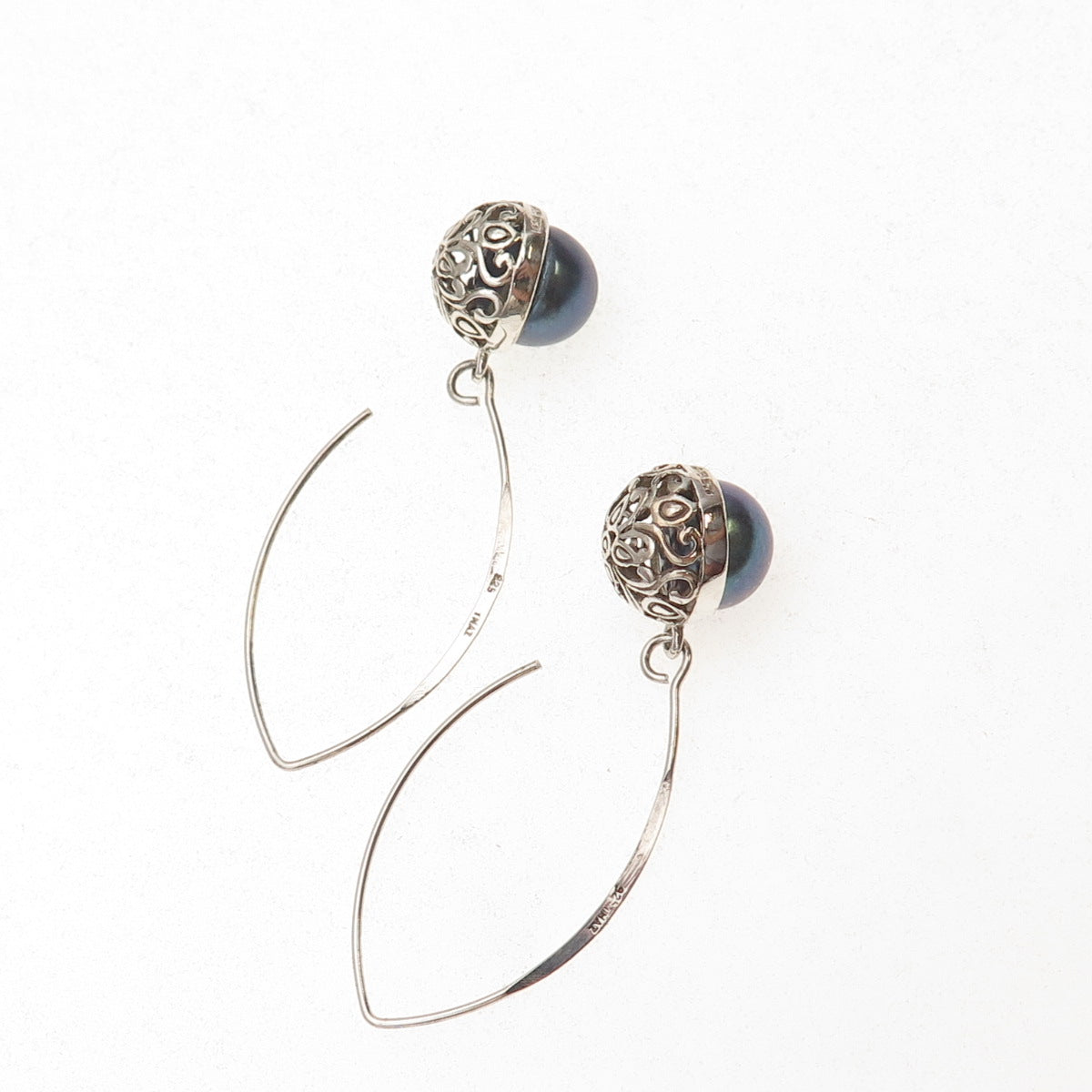 Collins 925 Sterling Silver Vintage Real Tahitian Pearl Dangle Earrings