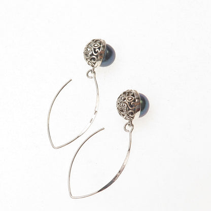Collins 925 Sterling Silver Vintage Real Tahitian Pearl Dangle Earrings